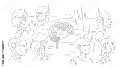 Outline of diverse android heads surrounding a central artificial intelligence brain with waveform data