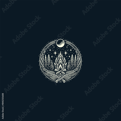 Camp night logo template featuring a peaceful nighttime camping scene with tents, pine trees, and a glowing moon or stars. Designed with clean vector lines and a minimal outdoor aesthetic. Represents 