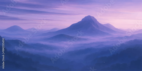 Mountain landscape scenery with clouds, fog, and sun during a morning sunrise