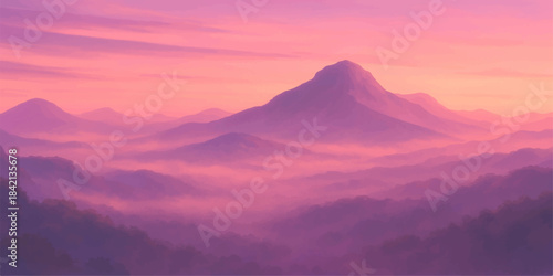 Sunrise and sunset landscape views of mountain nature scenery with clouds and mist