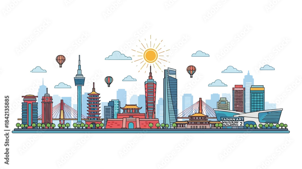 Fototapeta premium A detailed vector illustration of a bustling city skyline with iconic landmarks, hot air balloons, and a bright sun