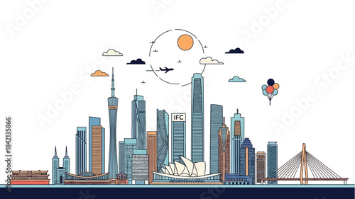 Modern Cityscape with Tall Skyscrapers and Iconic Architecture, Representing Urban Development and Global Connectivity