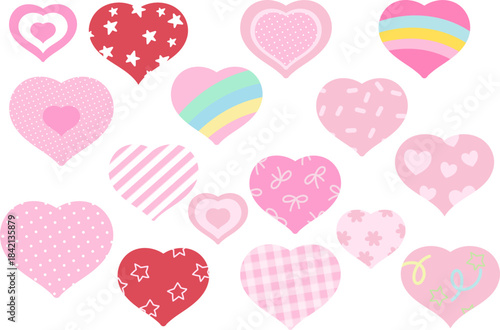 Various heart designs vectors including star pattern, stripe, rainbow, heart layers, polka dot print, sprinkles, plaids, abstract doodles and stars for Valentine's Day, sticker, fabric print, campaign
