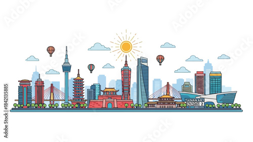 A detailed vector illustration of a bustling city skyline with iconic landmarks, hot air balloons, and a bright sun