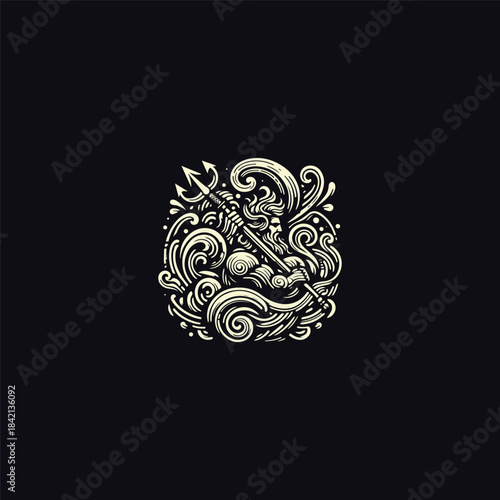 Poseidon logo template featuring a powerful sea god silhouette with a trident, strong vector lines, and a bold mythological style. Represents strength, authority, ocean power, and ancient mythology. S