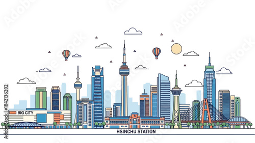 Modern cityscape illustration featuring a vibrant urban skyline with iconic architectural landmarks and a central transport hub, representing a bustling metropolitan area concept