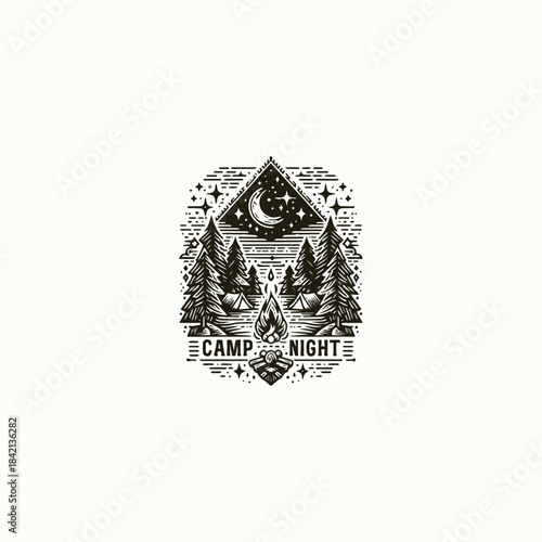 Camp night logo template featuring a peaceful nighttime camping scene with tents, pine trees, and a glowing moon or stars. Designed with clean vector lines and a minimal outdoor aesthetic. Represents 