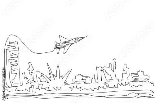 Continuous one-line hand-drawn of a fighter jet soaring above an abstract cityscape with a stylized explosion below, conveying tension, urgency, and dramatic urban conflict, Vector Editable stroke