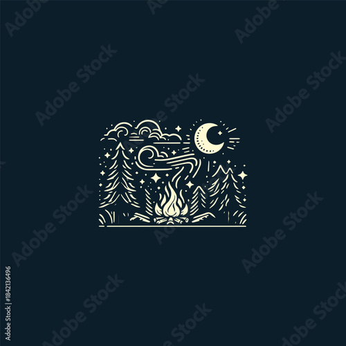 Camp night logo template featuring a peaceful nighttime camping scene with tents, pine trees, and a glowing moon or stars. Designed with clean vector lines and a minimal outdoor aesthetic. Represents 