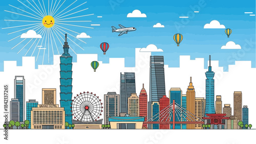 Vibrant Cityscape Skyline Illustration on a Sunny Day, Showcasing Modern Architecture, Famous Landmarks, and Urban Development for Travel and Tourism Concepts