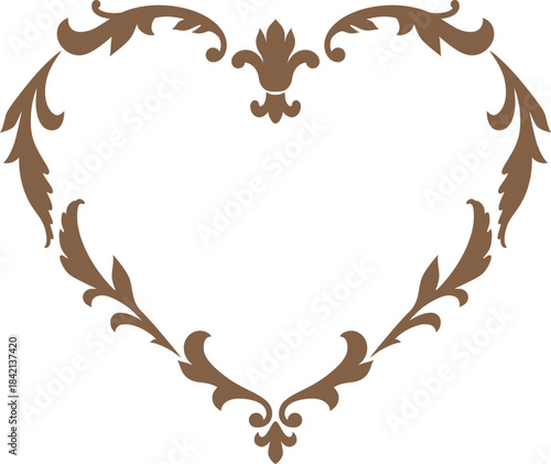 Brown vintage ornate heart frame, vector fancy romantic decorative element, Valentine's Day ornament border, floral art