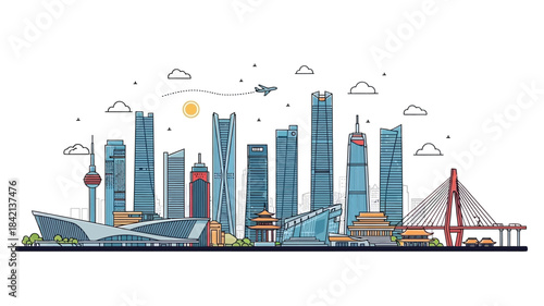 Modern Cityscape Skyline Illustration with Tall Skyscrapers and Iconic Bridges