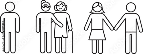 Family and Elderly Support Icons – Isolated on Transparent Background Line Stick Figure Vector Set