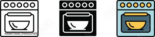 oven cooking icon trio outline solid and colored kitchen symbol