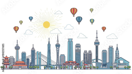 Modern city skyline with hot air balloons against a bright sun and clouds, depicting urban development and travel