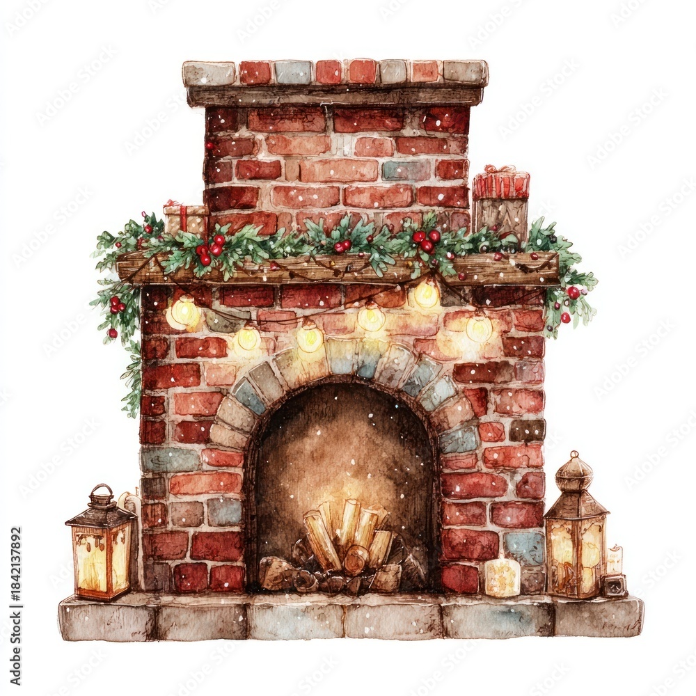 Obraz premium Cozy festive brick fireplace illustration.