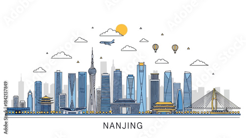Urban Skyline Illustration, Nanjing Cityscape, Digital Art, Modern Architecture, Vibrant Atmosphere, Aerial View, City Life Concept