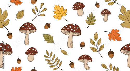 A charming autumn seamless pattern featuring hand-drawn mushrooms, various fall leaves, and acorns scattered on a clean white background.