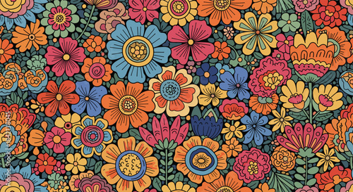 A vibrant seamless pattern of colorful, hand-drawn flowers and foliage on a dark background, with a cheerful and groovy retro style.