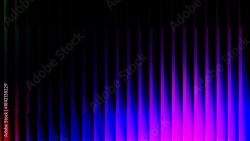 Reeded wave glasses stripes, abstract blue red wavy vertical light bars background on black