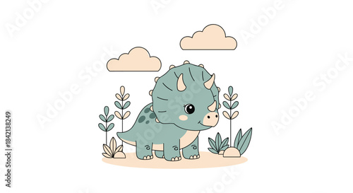 Adorable pastel green triceratops cartoon character with a sweet expression, surrounded by simple flora and soft clouds, perfect for kids.