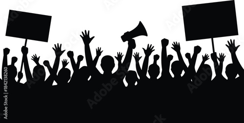 protest public assembly people with placards and megaphone