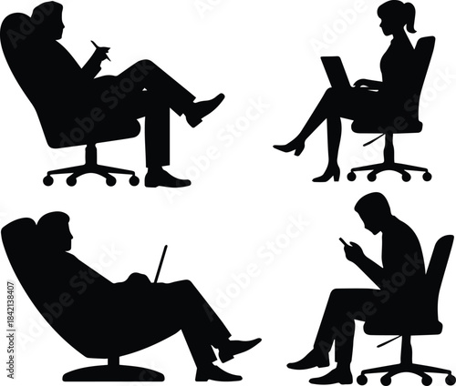 office business people seated in swivel chairs using digital devices