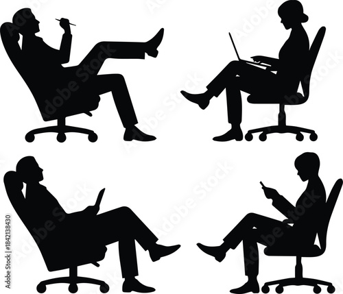office modern workplace silhouettes with laptop tablet and phone