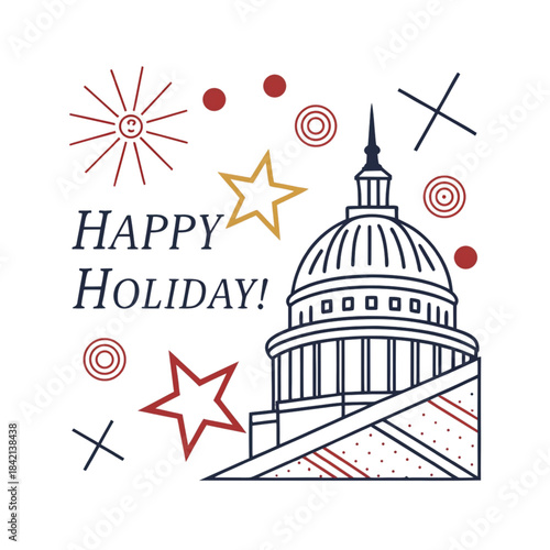 Happy Holiday United States Capitol Building Celebration with Fireworks, Stars and Stripes Patriotism