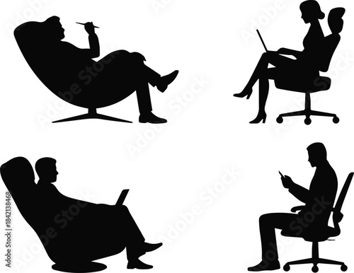office silhouettes of four seated workers using laptop tablet phone