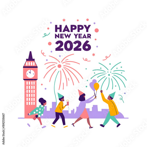 Happy New Year 2026 Celebration in London with Fireworks and Big Ben Clock Tower
