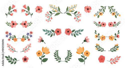 A beautiful assortment of hand-drawn floral elements including borders, dividers, and individual flowers in a fresh, natural style.