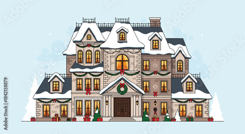A beautiful, snow-covered mansion decorated with festive Christmas lights and garlands, creating a warm and inviting winter holiday scene.