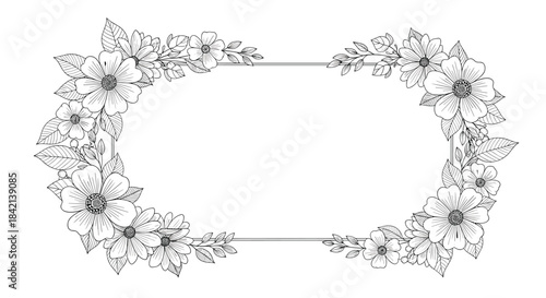A beautiful hand-drawn black and white floral frame, featuring delicate flowers and leaves arranged around a rectangular border, perfect for invitations or decorative elements.