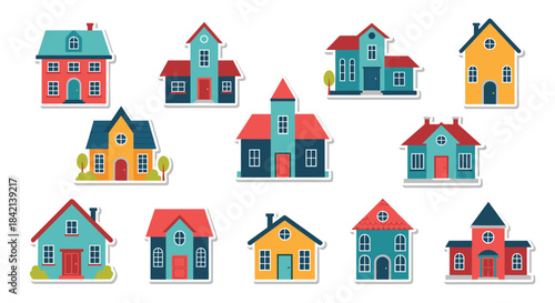 Colorful collection of cartoon houses with diverse designs and vibrant roofs, rendered in a flat vector sticker style on a white background.