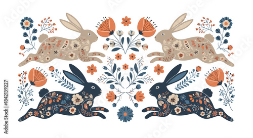 Folk art illustration featuring two pairs of running rabbits adorned with floral patterns, surrounded by symmetrical botanical designs in warm and cool tones.