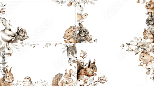 Watercolor woodland animal frame illustration featuring rabbits squirrels and forest elements arranged as gentle borders perfect for nursery decor invitations and storybook design.