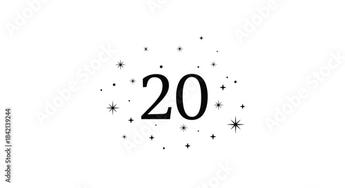 The number 20 shines brightly amidst a festive scattering of black stars and glittery dots on a clean white background, symbolizing celebration and success.