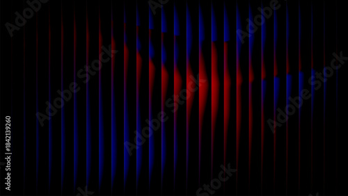 Night view dark light glow reeded glass stripes background, abstract blue red wavy vertical light bars.