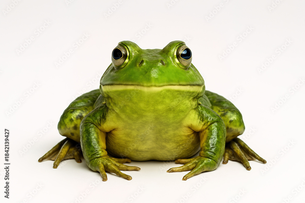 Obraz premium A Striking Portrait of a Green Frog Against a White Background