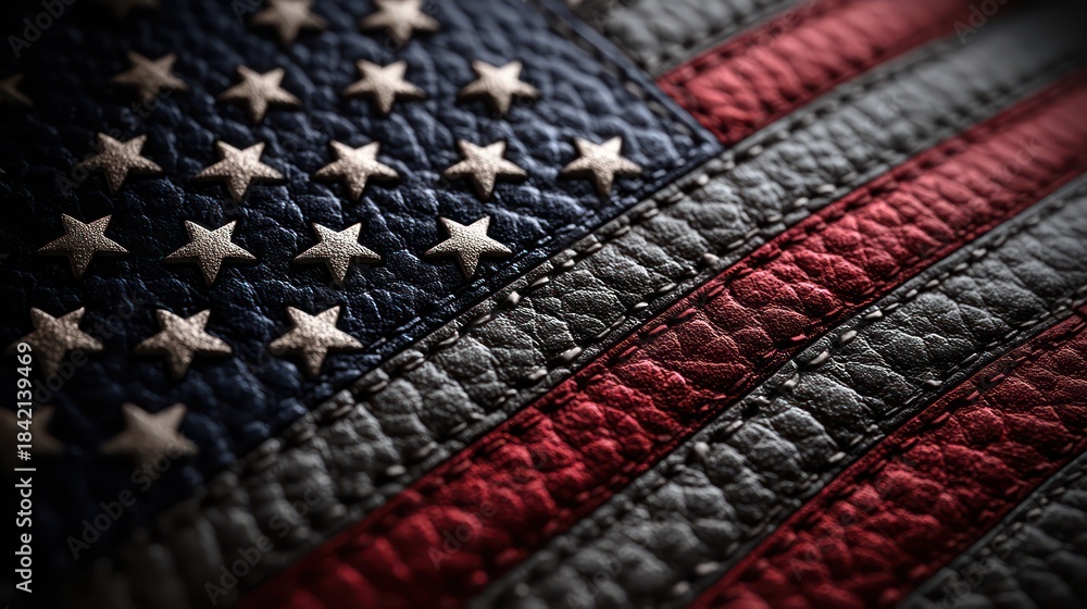 Fototapeta premium United States flag embossed onto textured leather surface, studio-lit for high contrast. Sharp shadows reveal deep grain while