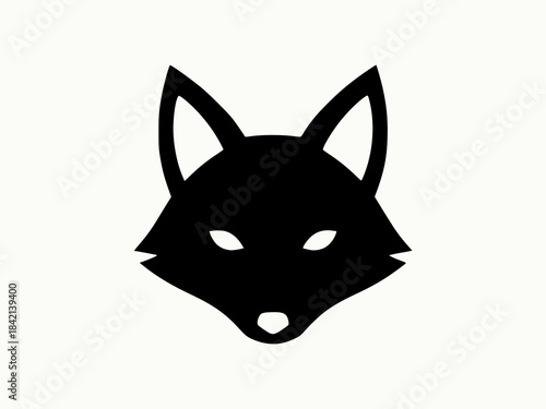Minimalist black silhouette of a fox or wolf head with sharp features and white eyes, isolated on a clean white background.
