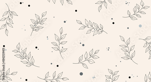A seamless botanical pattern featuring hand-drawn outline leaf branches and scattered dots on a soft beige background, ideal for elegant design.