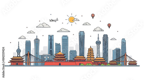 City Skyline Illustration, Urban Architecture, Modern City, Digital Art, Vibrant Environment, Wide View, Cultural Heritage
