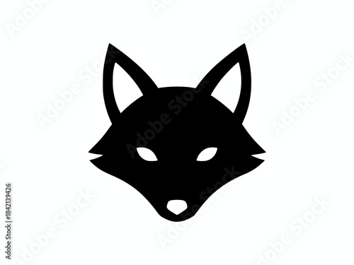 Minimalist black silhouette of a fox or wolf head with sharp features and white eyes, isolated on a clean white background.