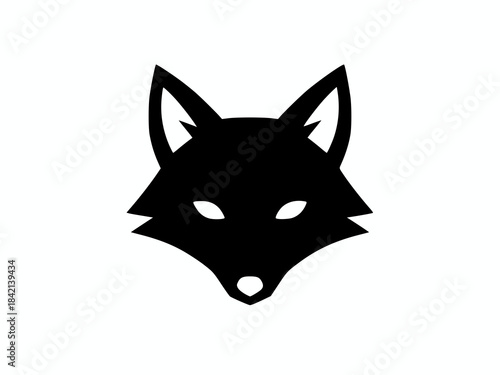Minimalist black silhouette of a fox or wolf head with sharp features and white eyes, isolated on a clean white background.