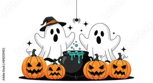 A festive Halloween illustration with friendly ghosts, a witch's cauldron, a spider, and multiple glowing jack-o'-lanterns set on a white background.