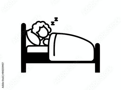 Simple outline illustration of a cute girl with curly hair sleeping soundly in bed.