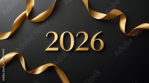 New Year 2026 image with matte black background and twisted gold ribbons, elegant corporate festive greeting design.
