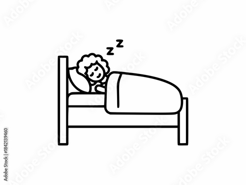 Simple outline illustration of a cute girl with curly hair sleeping soundly in bed.